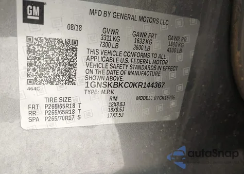 2019 Chevrolet Tahoe Lt z USA, uszkodzony, nr VIN 1GNSKBKC0KR144367